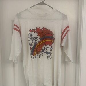 Men’s vintage White Graphic Rainbow Tee with Red Accents